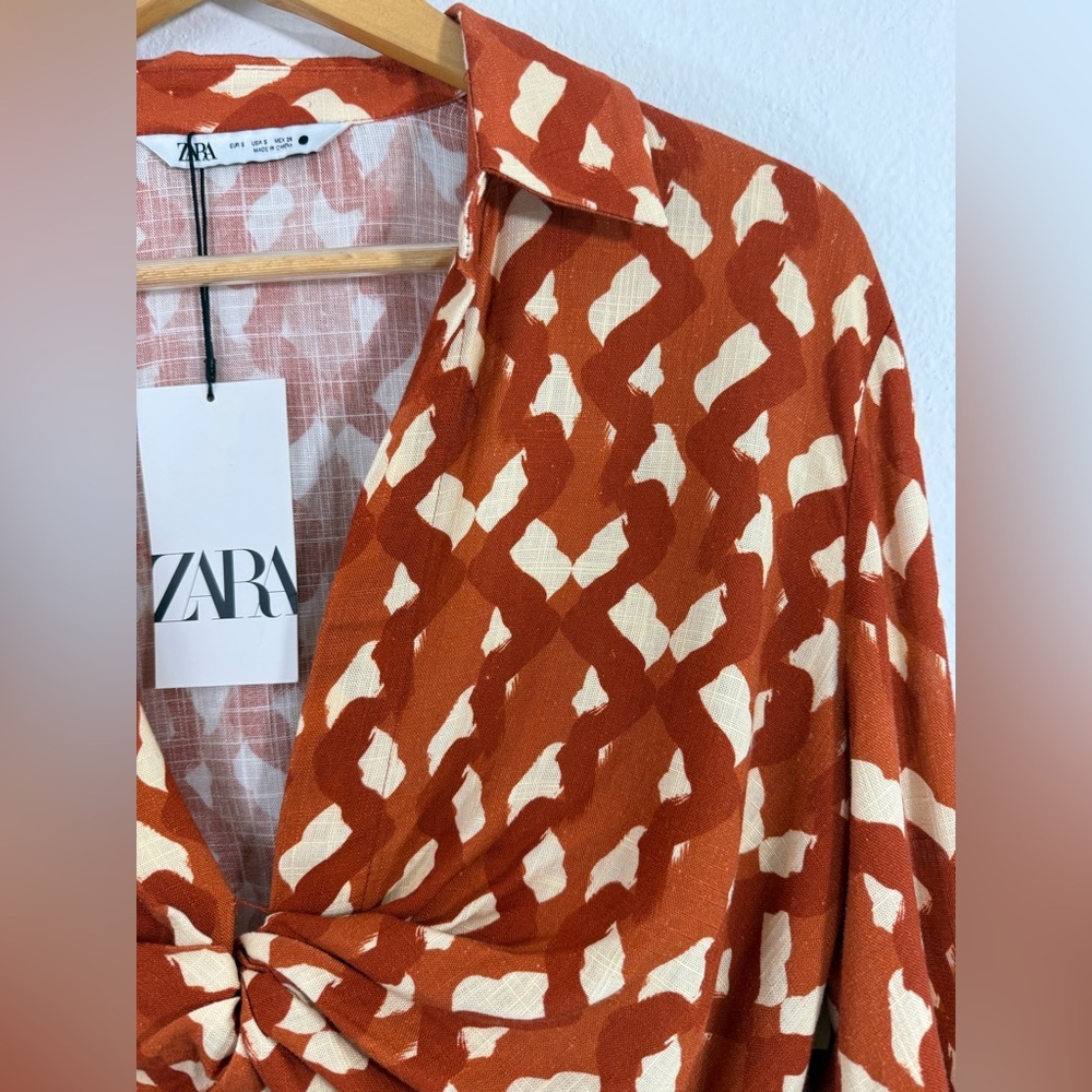 Zara Small Terracotta Print Linen Blend Twist Front Crop Top NWT Beaded Cuffs - Picture 12 of 16